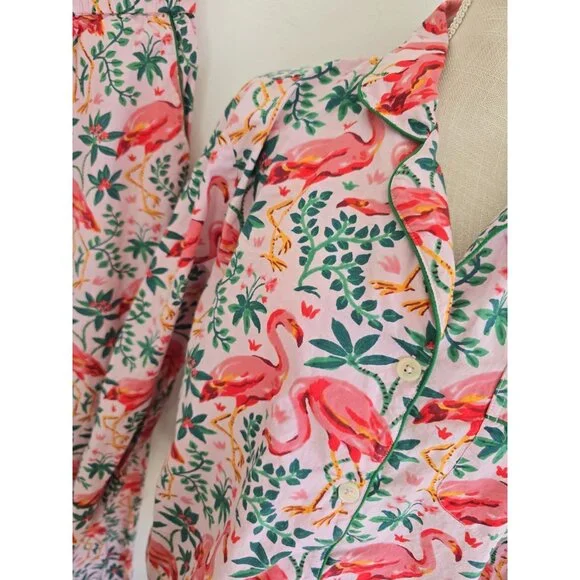 Print Fresh Organic Cotton Flamingo Floral Pink 2 Piece Pajama Set S Lounge - Picture 5 of 11